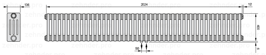 Схема (чертеж) Радиатор Zehnder Charleston 4040/44 №5410 Белый глянцевый RAL 9016